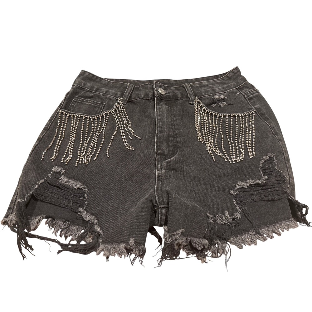 SHEIN Black Distressed Denim Shorts Rhinestone Fringe High Rise Women Size 6 M